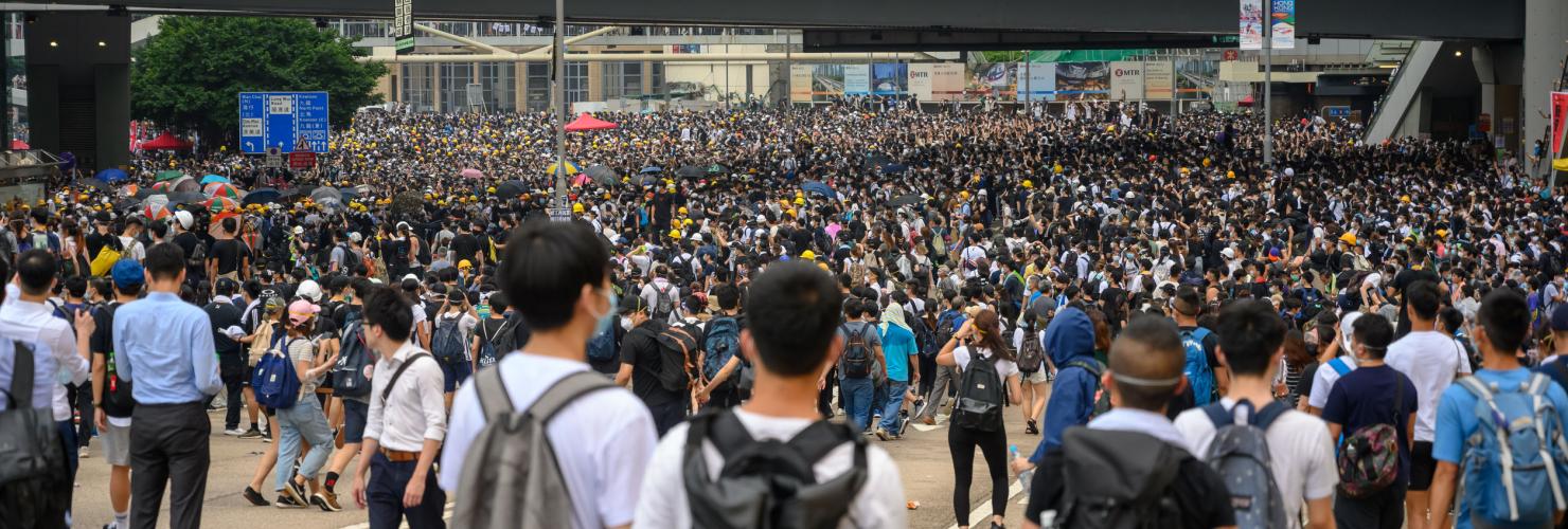  June 12, 2019: Anti-Extradition Bill Protest in Hong Kong. Protestors are surrounding HK Legislative Council building.