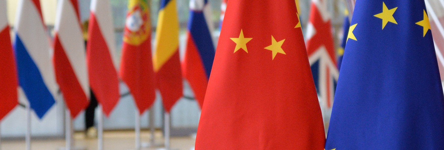  European Union and Chinese flags are pictured during a EU-China summit in Brussels, Belgium.