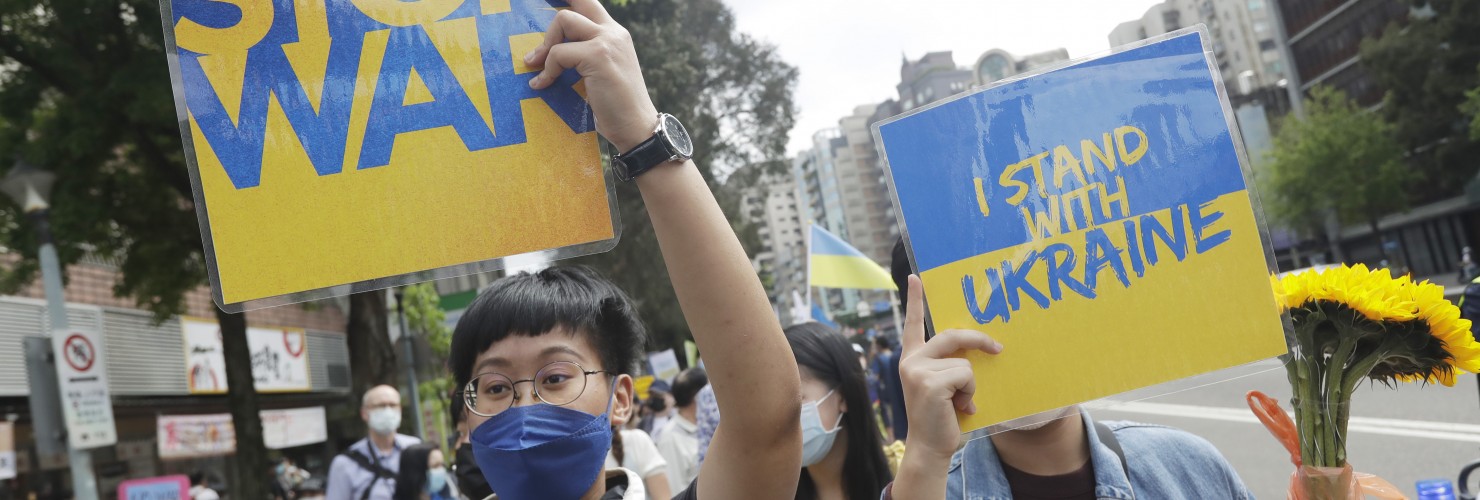 Ukrainian nationals in Taiwan and supporters protest against the invasion of Russia during a march in Taipei, Taiwan