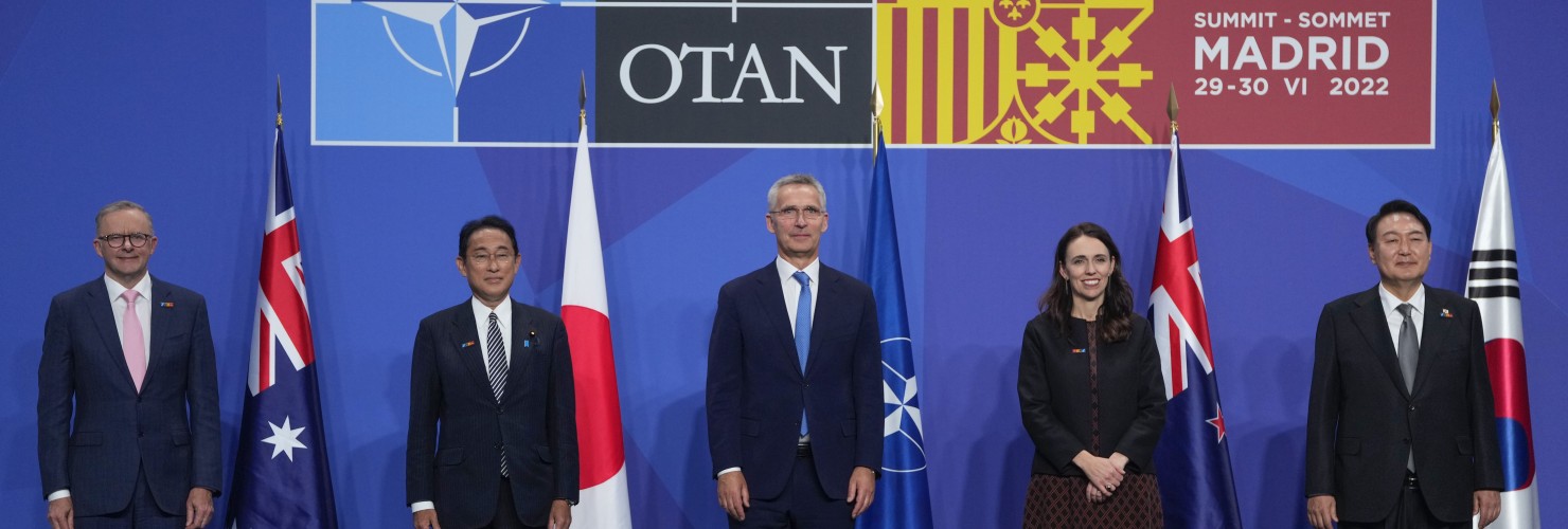 Australia's Prime Minister Anthony Albanese, Japan's Prime Minister Fumio Kishida, NATO Secretary General Jens Stoltenberg, New Zealand's Prime Minister Jacinda Ardern and South Korea's President Yoon Suk Yeol, from left, pose for media in a group photo of Indo-Pacific partners nations during the NATO summit in Madrid, Spain, on Wednesday, June 29, 2022.