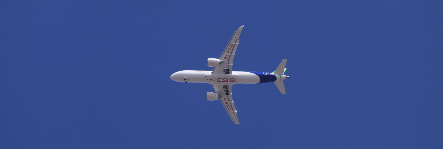 A Comac C919, a narrow-body twinjet airliner developed by Chinese aerospace manufacturer Comac.