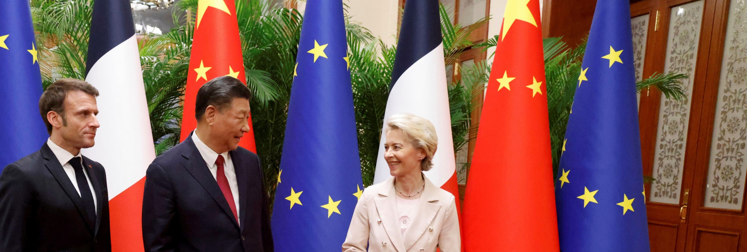 Xi Jinping, Emmanuel Macron, and Ursula von der Leyen meet for a working session in Beijing on April 6, 2023.