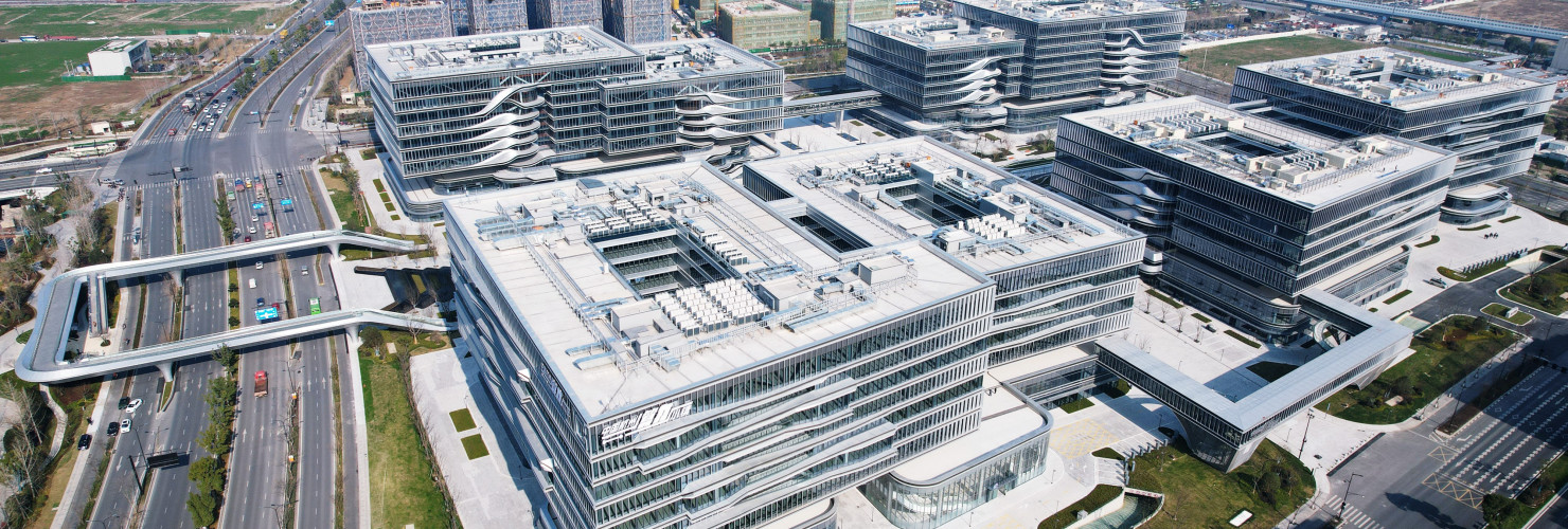 An aerial view of the China Tower Of Computing Town in Hangzhou