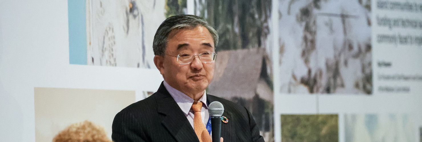 China Representative, Former Vice Minister of Foreign Affairs, Liu Zhenmin, speaks during a discussion panel in Alliance of Slamm Iceland States (AOSIS) Pavilion during the COP28, UN Climate Change Conference, held by UNFCCC in Dubai Exhibition Center, United Arab Emirates on December 3, 2023.