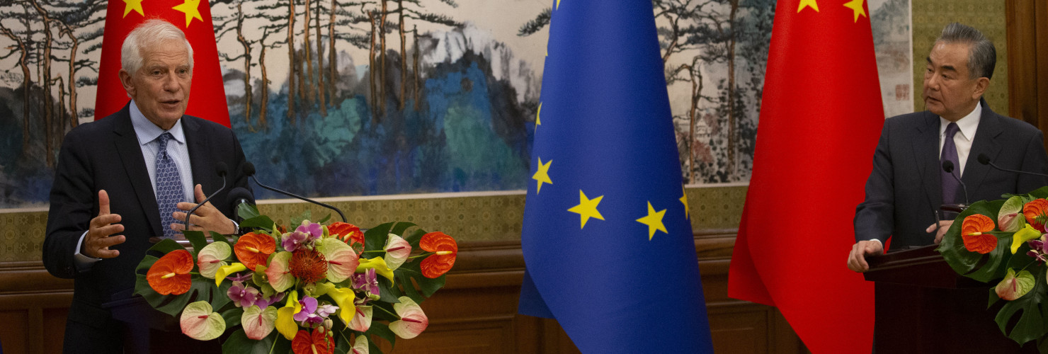 EU foreign policy chief Josep Borrell, left, and Chinese Foreign Minister Wang Yi attend a press conference following the EU-China High-Level Strate