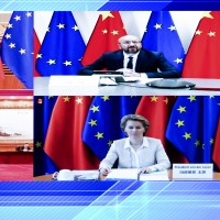 President of the European Council Charles Michel and President of the European Commission Ursula von der Leyen meet Chinese President Xi Jinping via video link on 22 June 2020.