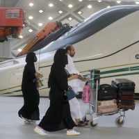 Haramain High-Speed Railway train in the holy city of Medina, Saudi Arabia, Thursday, Aug. 8, 2019