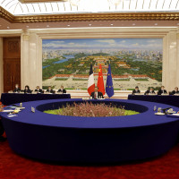 China's President Xi Jinping, center, his French counterpart Emmanuel Macron, left, and European Commission President Ursula von der Leyen meet for a working session in Beijing Thursday, April 6, 2023.