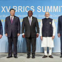  Left to right: Brazilian President Luiz Inacio Lula da Silva, Chinese President Xi Jinping, South African President Cyril Ramaphosa, Indian Prime Minister Narendra Modi and Russian Foreign Minister Sergey Lavrov pose for the group photo at the 15th BRICS Summit, August 23, 2023 in Johannesburg