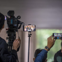 Ko Wen-je, chairman of the Taiwan People's Party (TPP) and presidential candidate, alongside vice-presidential candidate Cynthia Wu, addresses the media during their arrival at the Central Elections Commission to register for the 2024 presidential elections in Taiwan.