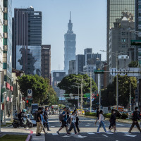 Passersby walk in downtown Taipei, Taiwan