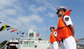 Chinese sailors during an open day event held by the South China Sea Fleet of the PLA Navy at a naval base in Sanya city, Hainan province.