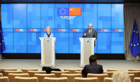 President of EU Council Charles Michel (R) and European Commission President Ursula von der Leyen (L) hold a joint press conference after the EU-China Summit held via videoconferencing in Brussel, Belgium on April 01, 2022. 