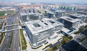 An aerial view of the China Tower Of Computing Town in Hangzhou