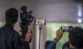 Ko Wen-je, chairman of the Taiwan People's Party (TPP) and presidential candidate, alongside vice-presidential candidate Cynthia Wu, addresses the media during their arrival at the Central Elections Commission to register for the 2024 presidential elections in Taiwan.