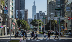 Passersby walk in downtown Taipei, Taiwan